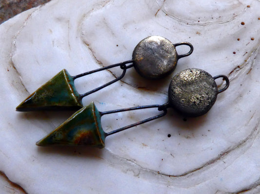 Ceramic Disc and Triangle Earring Dangles -Copper Green