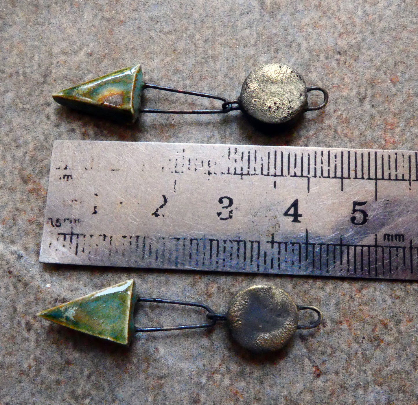 Ceramic Disc and Triangle Earring Dangles -Copper Green