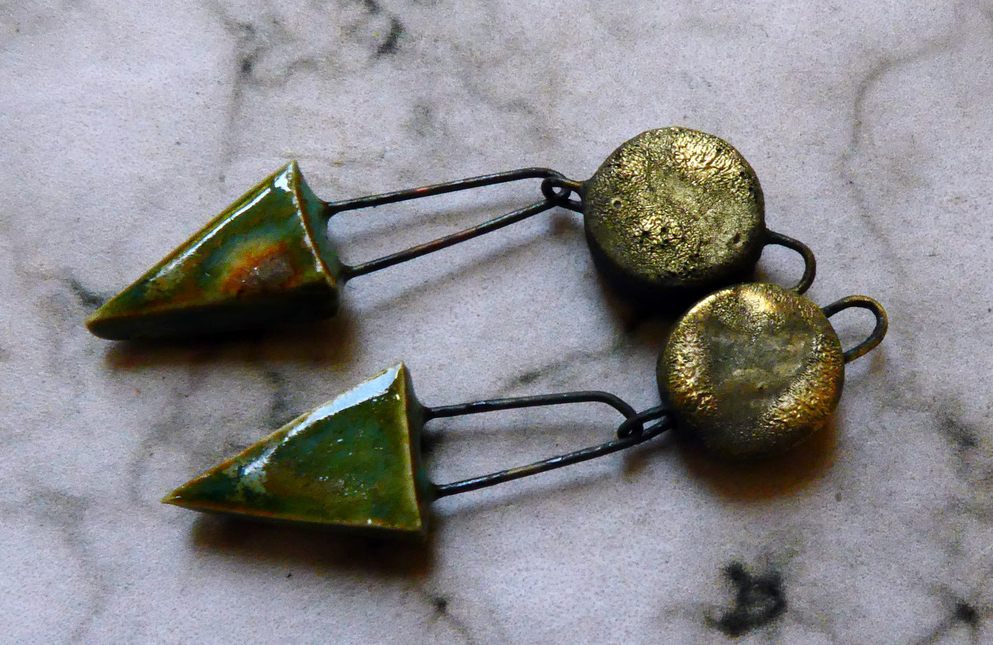 Ceramic Disc and Triangle Earring Dangles -Copper Green