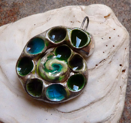 Ceramic Nautilus Shell Pendant - Greens