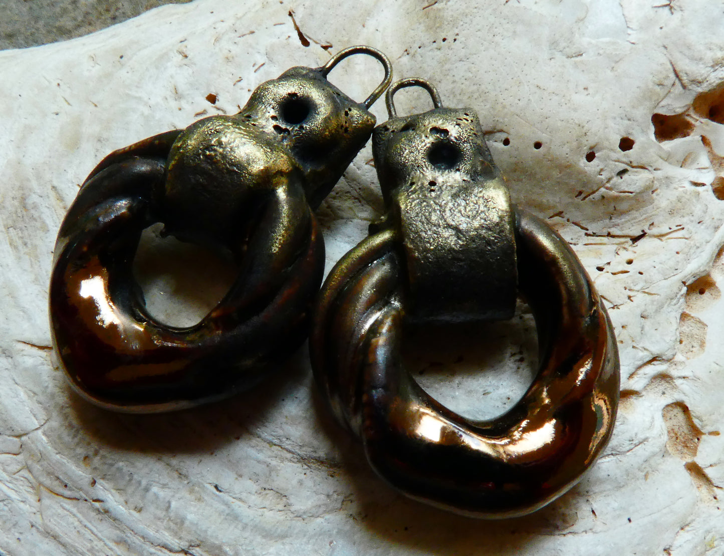 Ceramic Multi Strand Twisted Hoop Earring Charms- Glossy Gold