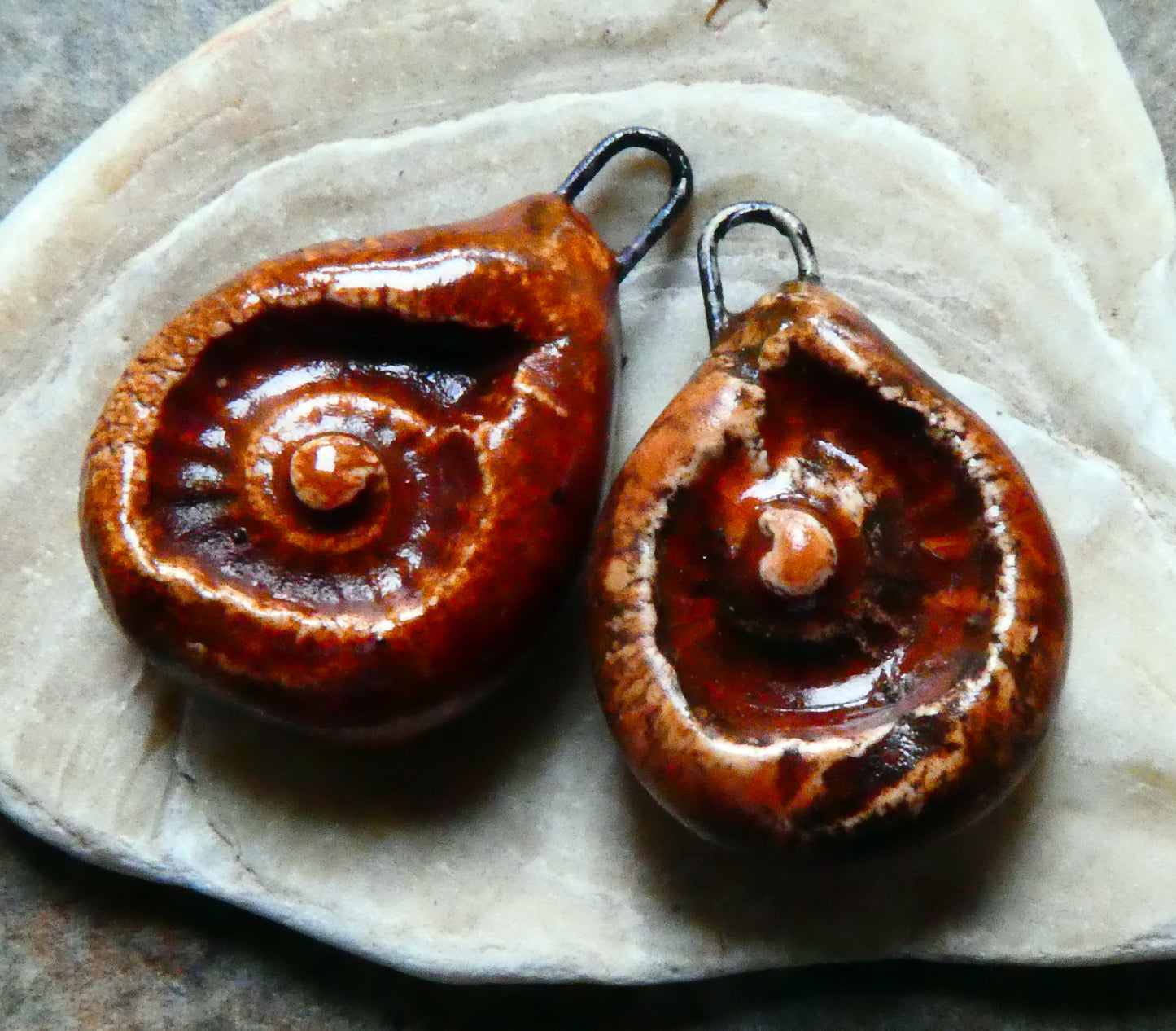 Ceramic Ammonite Textured Earring Charms - Sunset Red