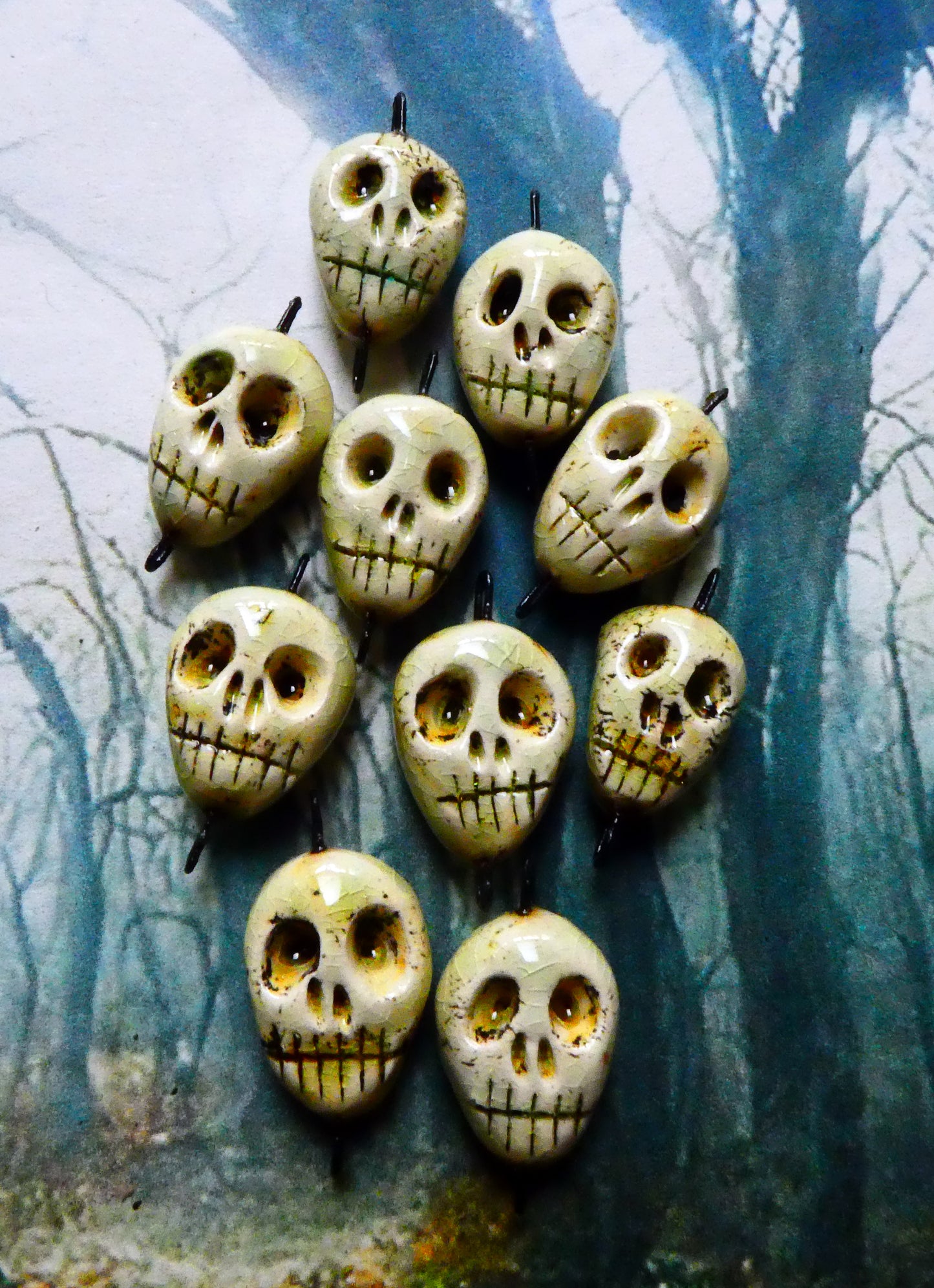 Ceramic Skull Earring Connectors - Crackle