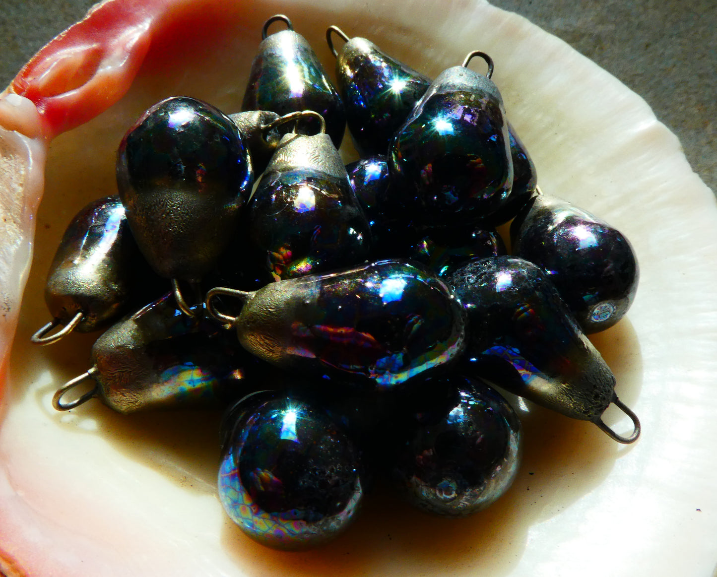 Black Crackly Drops Earring Charms -Mother of Pearl Lustre