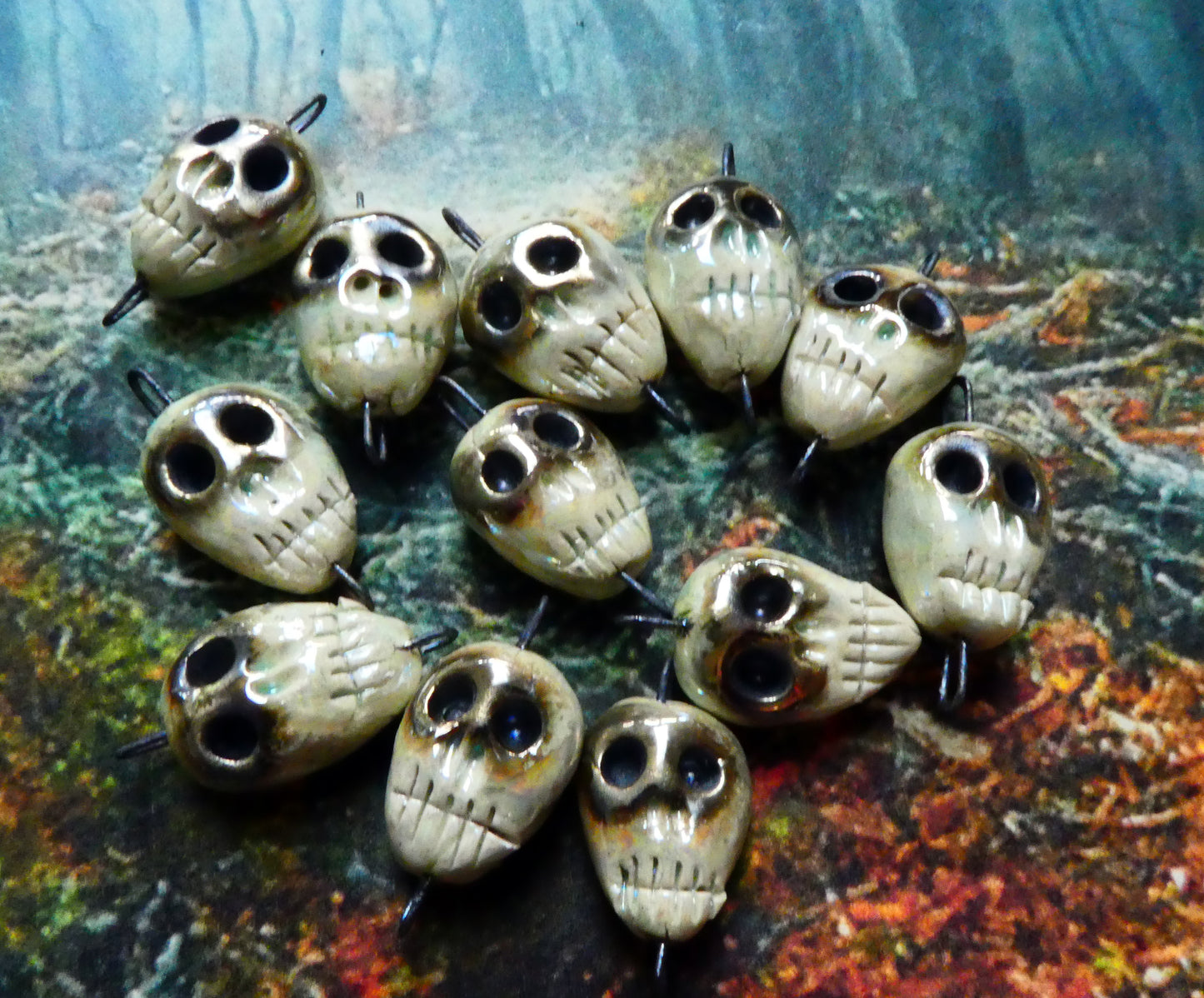 Ceramic Skull Earring Connectors - Crackle and Mother of Pearl Lustre