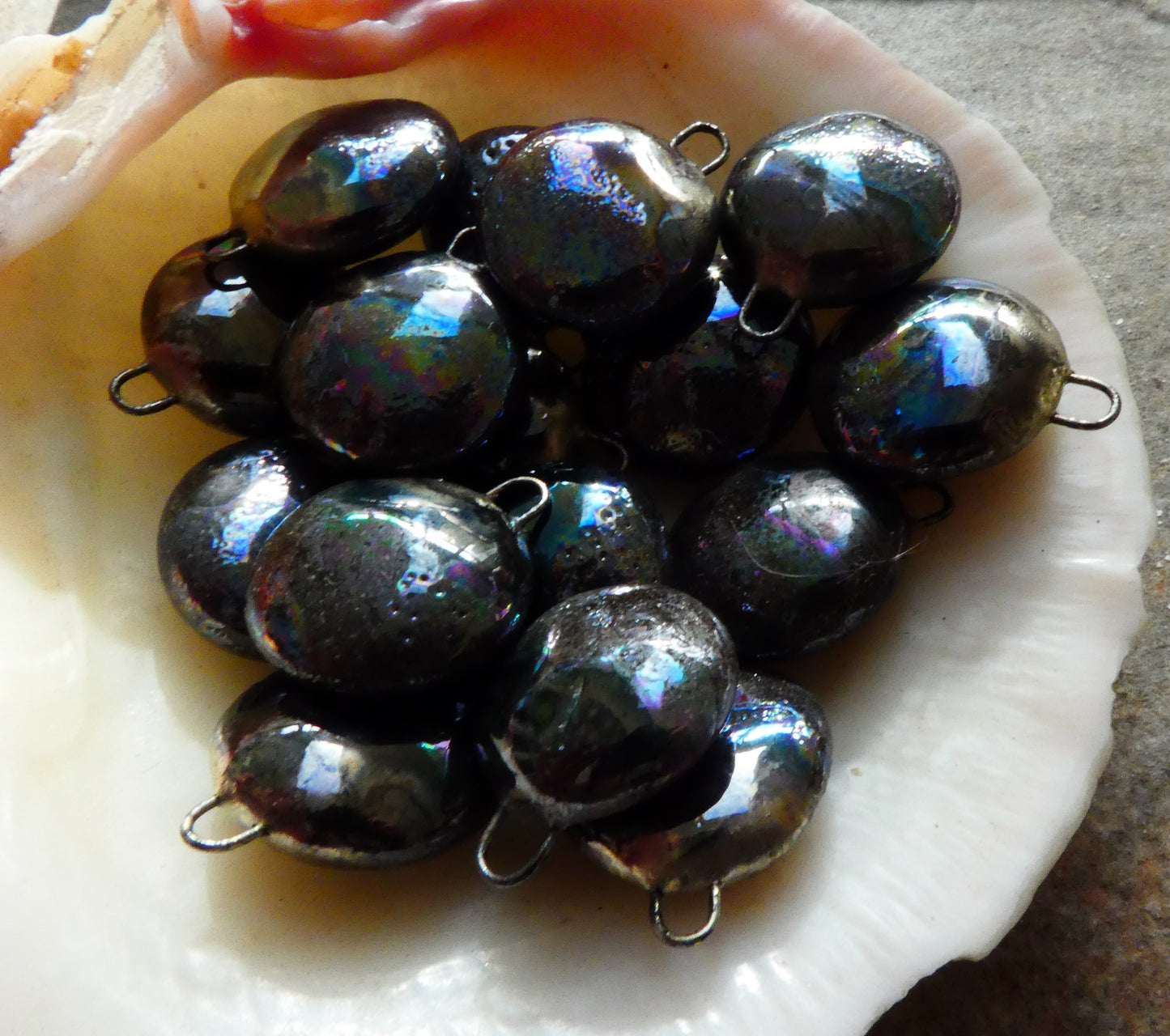 Ceramic Disc Drops Earring Charms -Dark Mother of Pearl Lustre