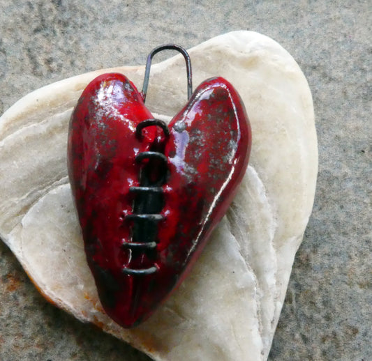 Ceramic Stapled Red Heart Mini Pendant #2