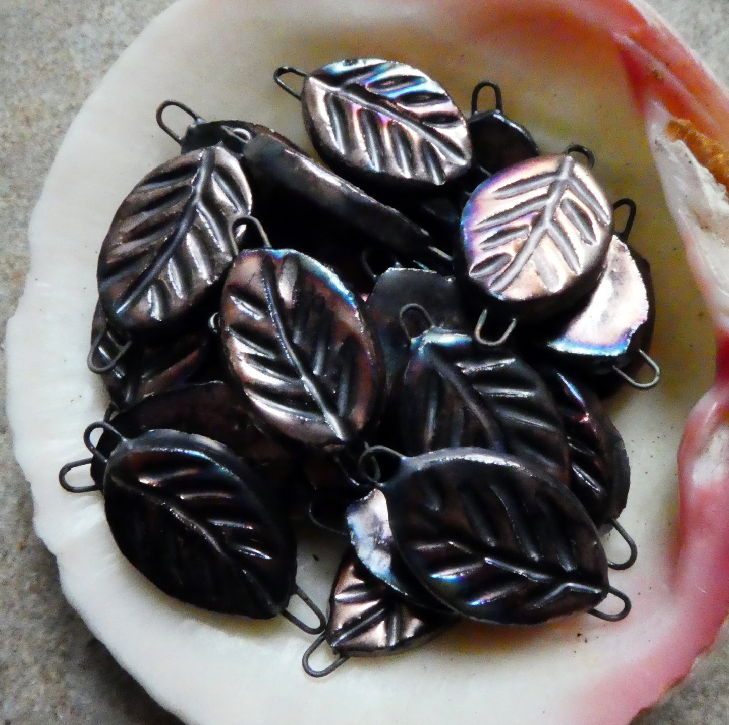 Ceramic Little Leaf Earring Connectors - Scorched Pewter #2