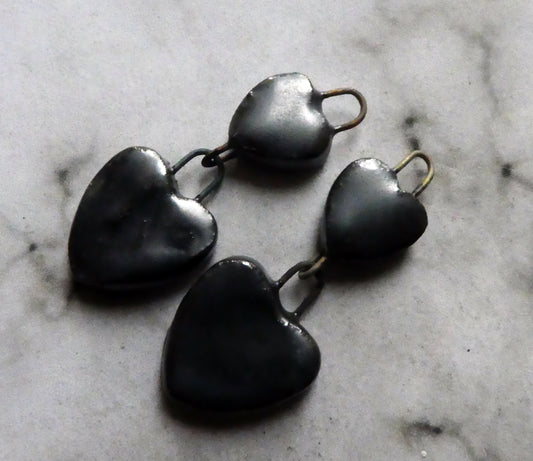 Ceramic Double Heart Earring Dangles - Pewter