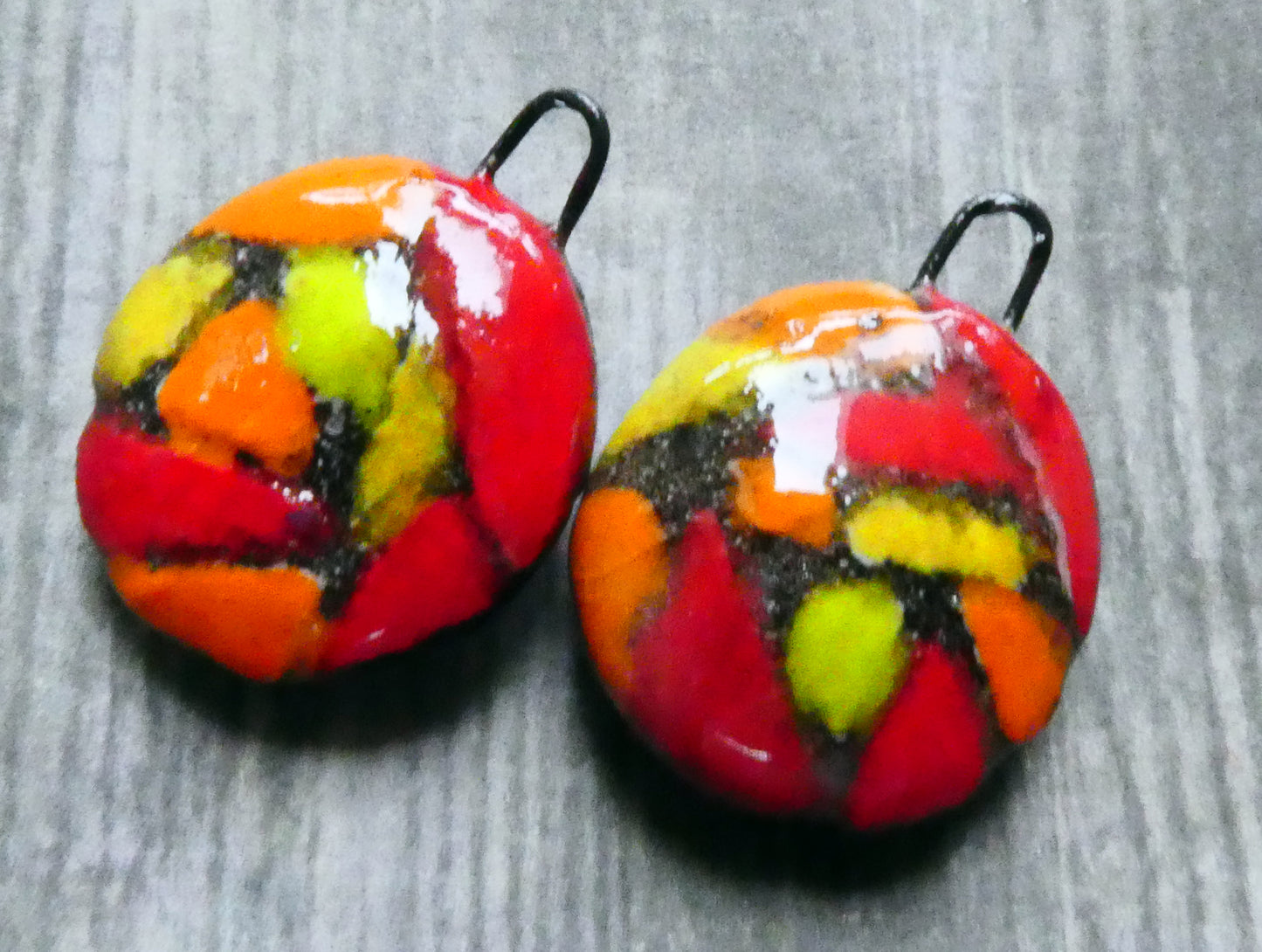 Ceramic Sgraffito Disc Earring Charms - Red and Orange