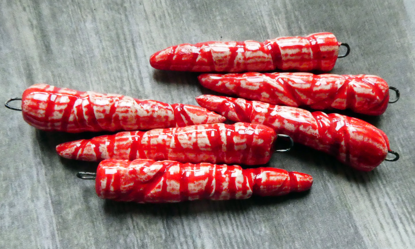 Ceramic Incised Long Spike Earring Charms - Red