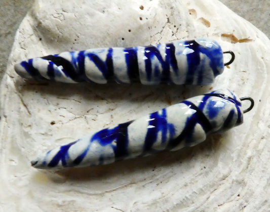 Ceramic Incised Long Spike Earring Charms - Cobalt