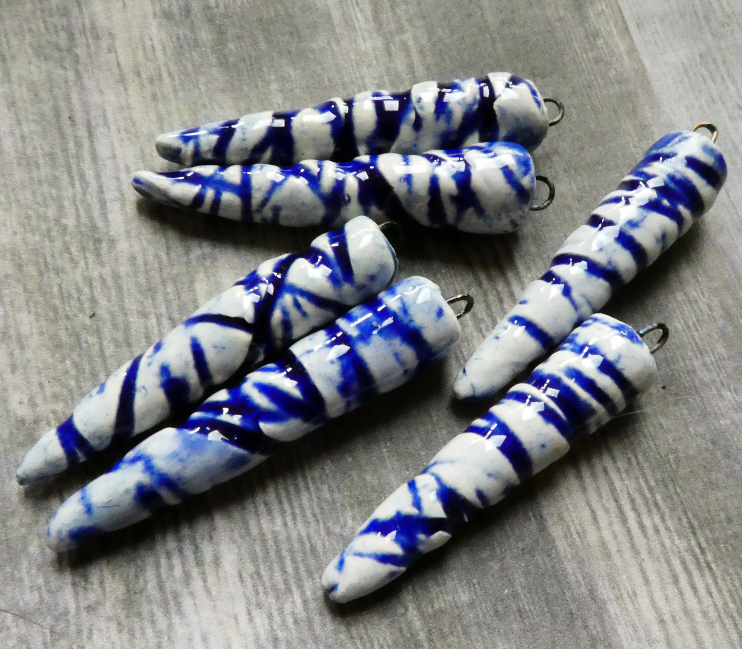 Ceramic Incised Long Spike Earring Charms - Cobalt