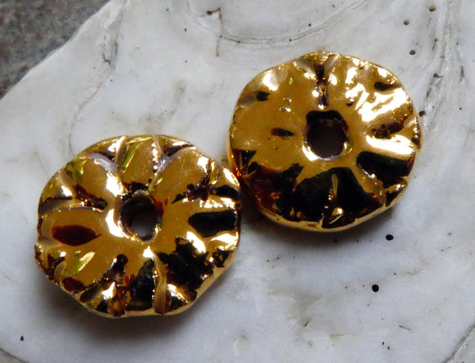 Ceramic Flower Disc Beads -Gold Lustre