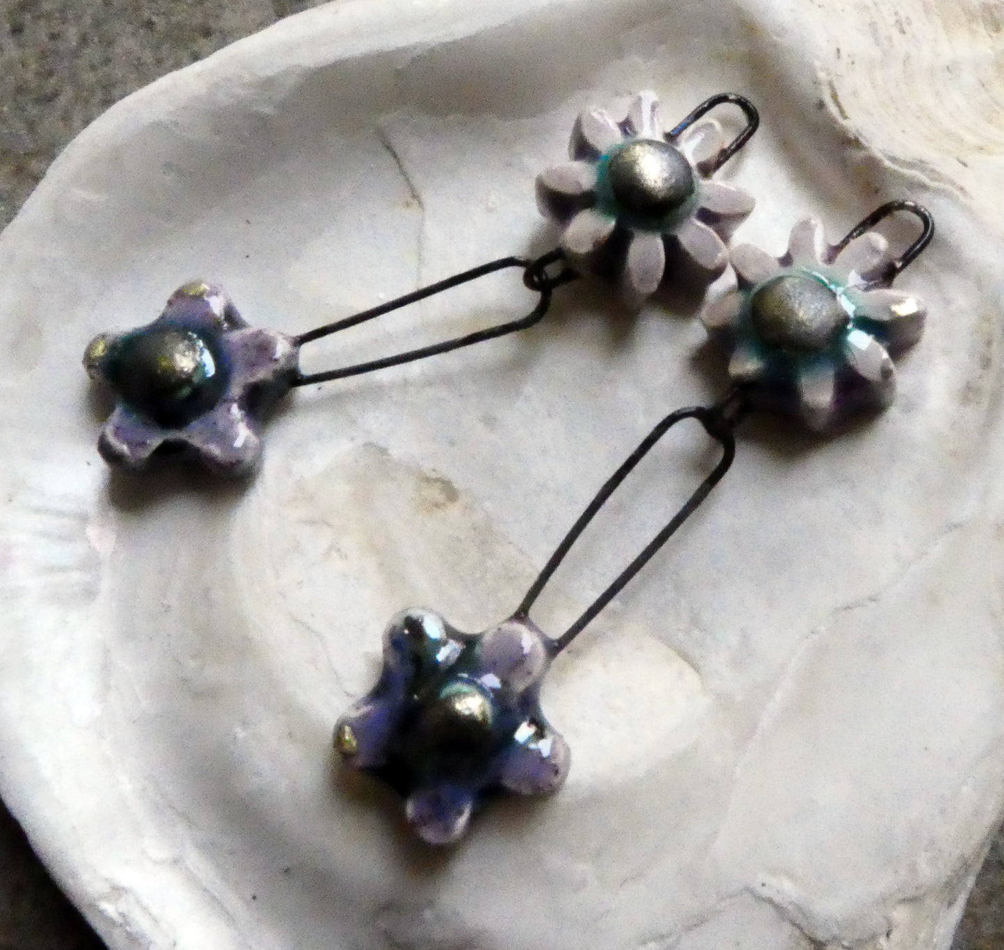 Ceramic Double Flower Dangles - Speckled Violet and Amethyst