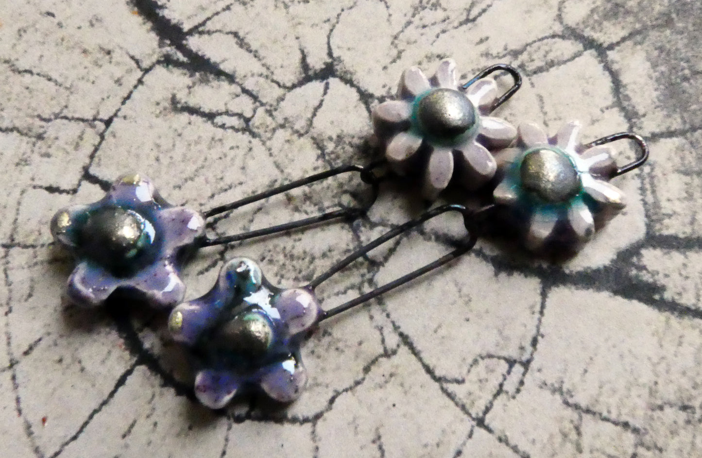 Ceramic Double Flower Dangles - Speckled Violet and Amethyst