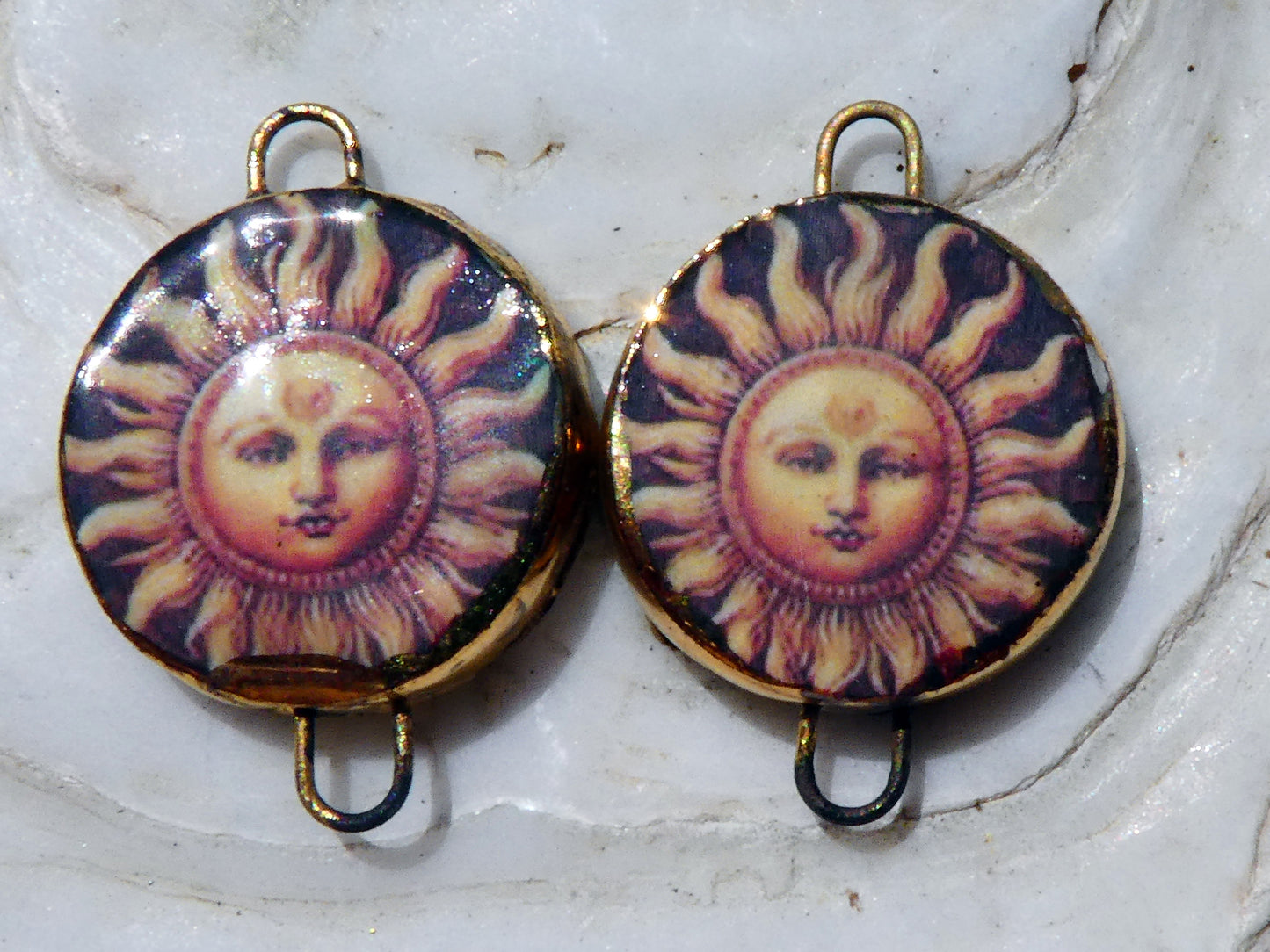 Ceramic Little Disc Vintage Sun Decal Earring Connectors #6