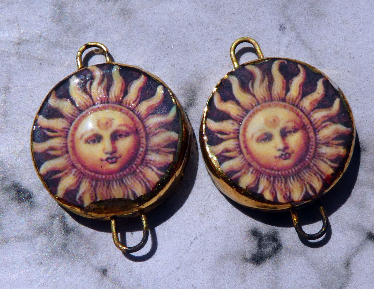 Ceramic Little Disc Vintage Sun Decal Earring Connectors #6