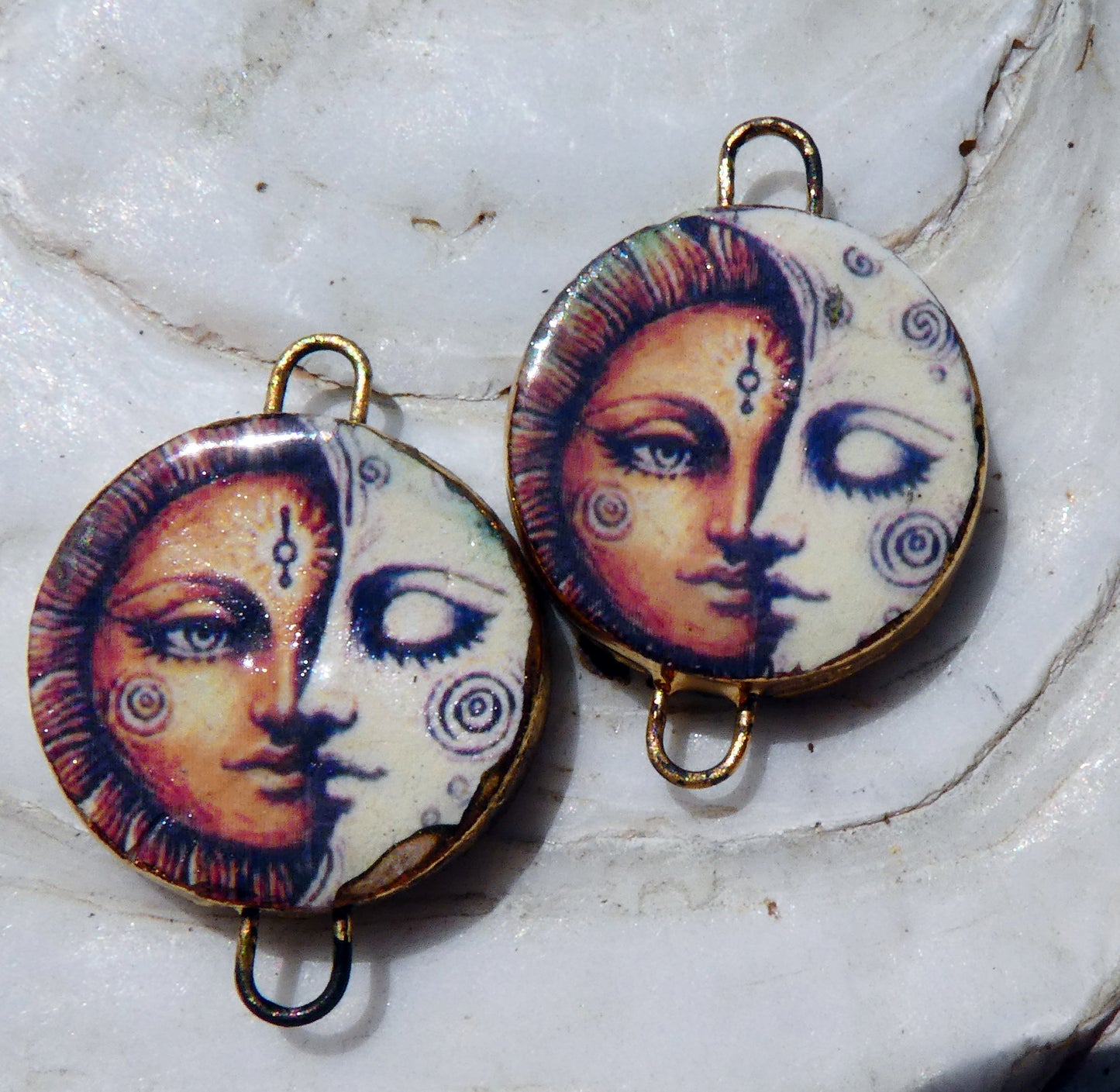Ceramic Little Disc Vintage Sun and Moon Decal Earring Connectors #1