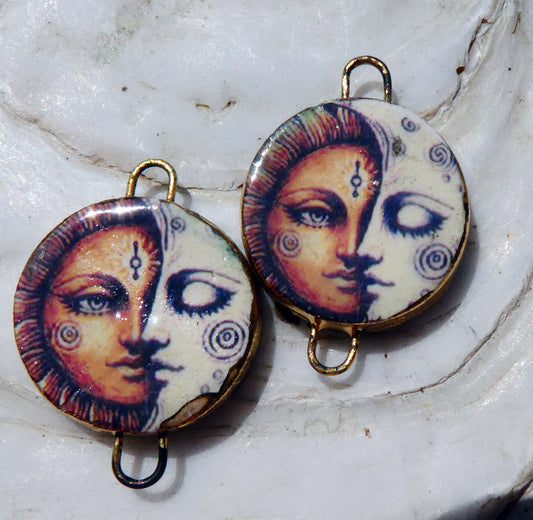 Ceramic Little Disc Vintage Sun and Moon Decal Earring Connectors #1