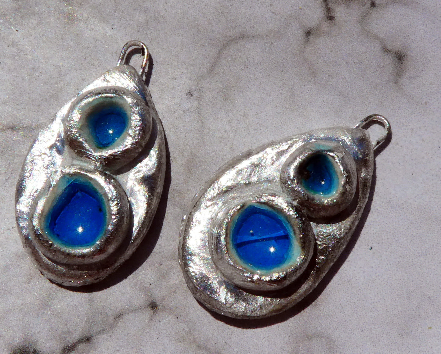 Ceramic and Silver Double Pool Enamel Drops -Turquoise and Wild Violet