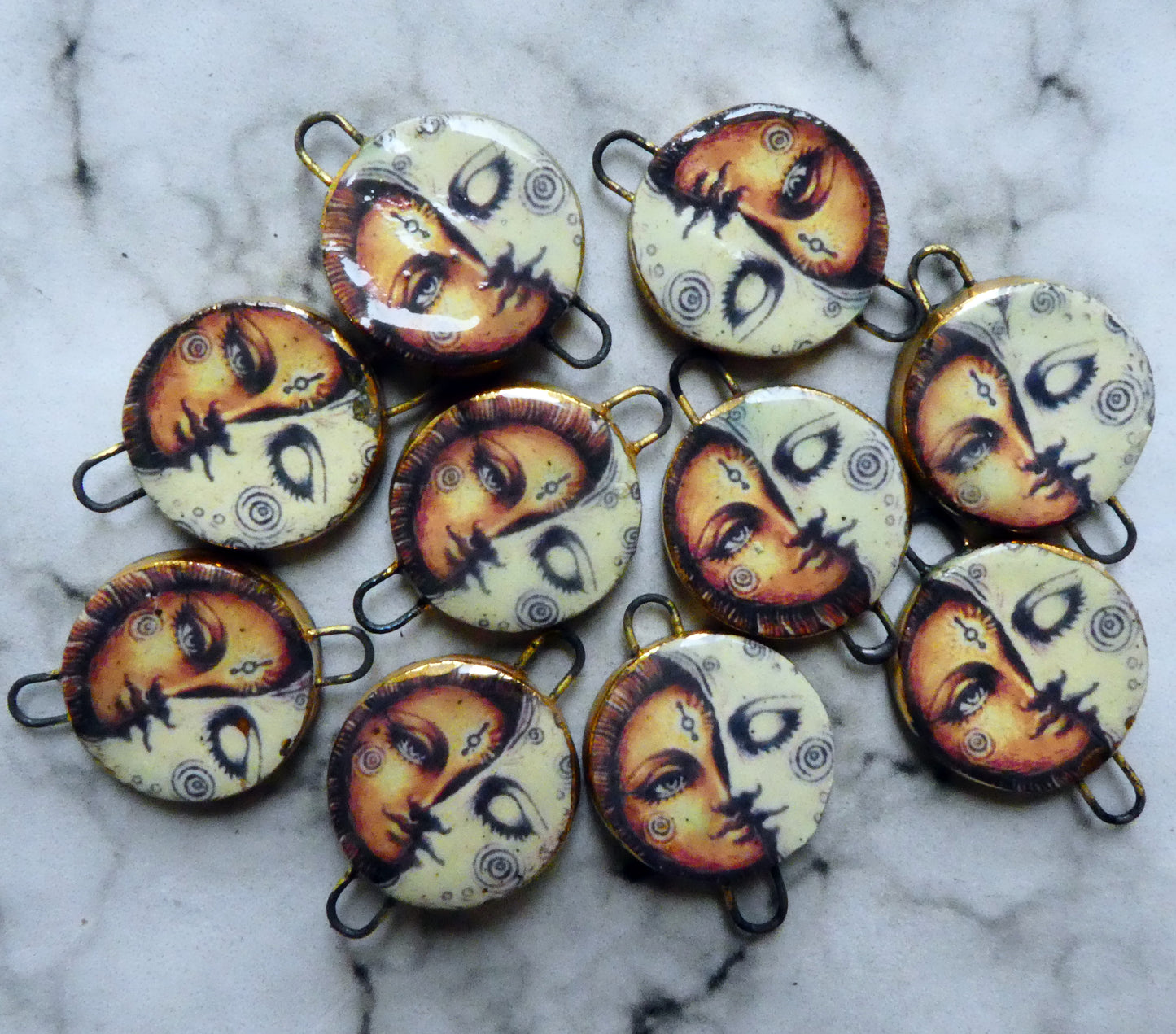 Ceramic Little Disc Vintage Sun and Moon Decal Earring Connectors #1