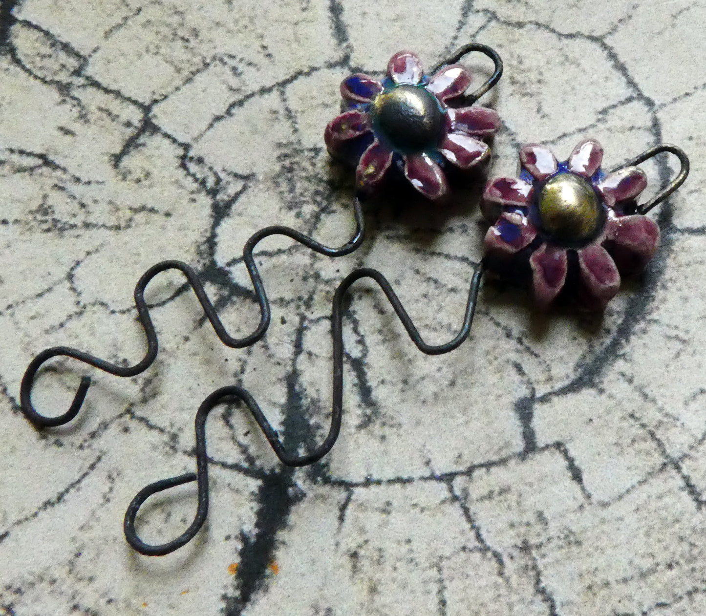Ceramic Wavy Stem Flower Earring Charms -Plum Jelly