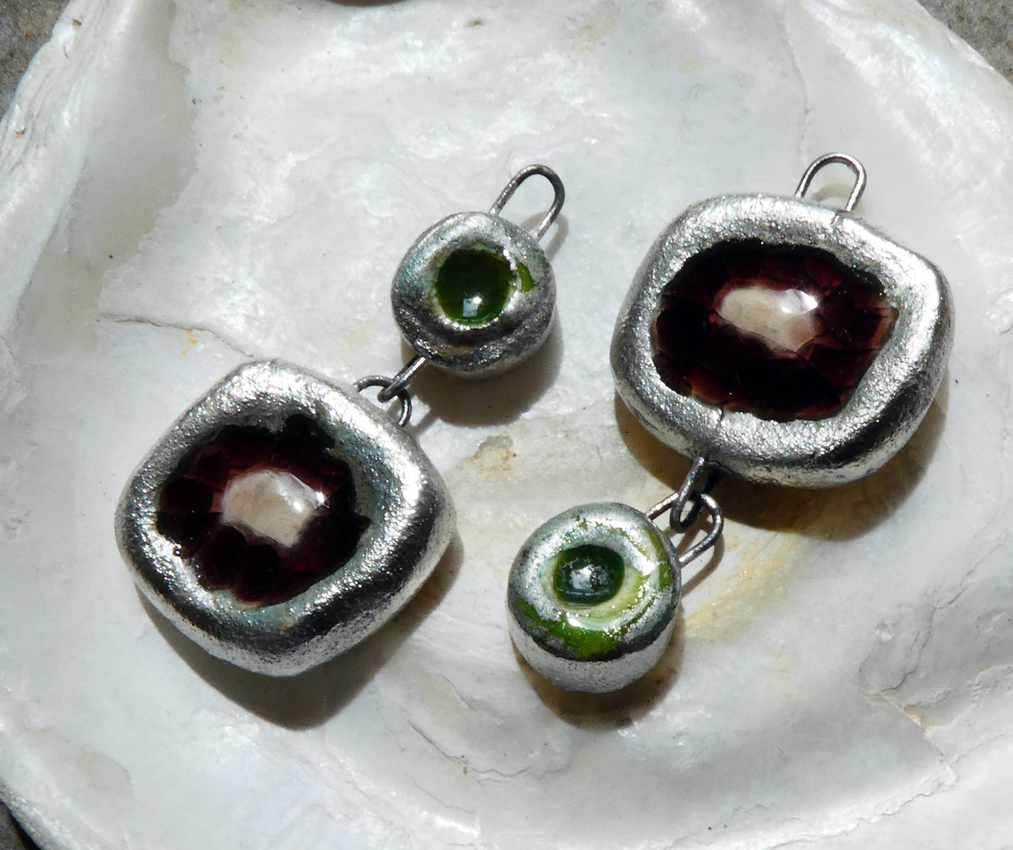 Ceramic Asymmetric Mixed Shape Earring Dangles - Lime and Red Copper