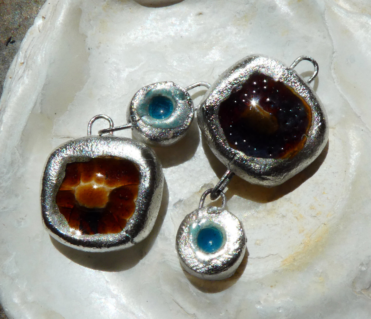 Ceramic Asymmetric Mixed Shape Earring Dangles - Cognac and Topaz