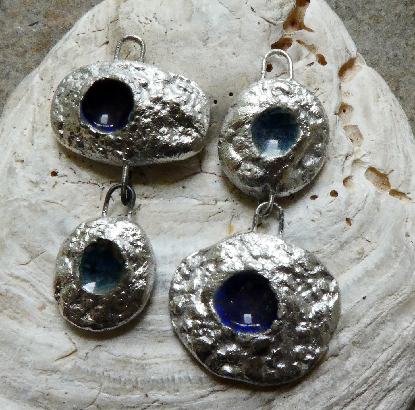 Ceramic Asymmetric Mixed Shape Textured Earring Dangles - Medium Blue and Midnight Blue