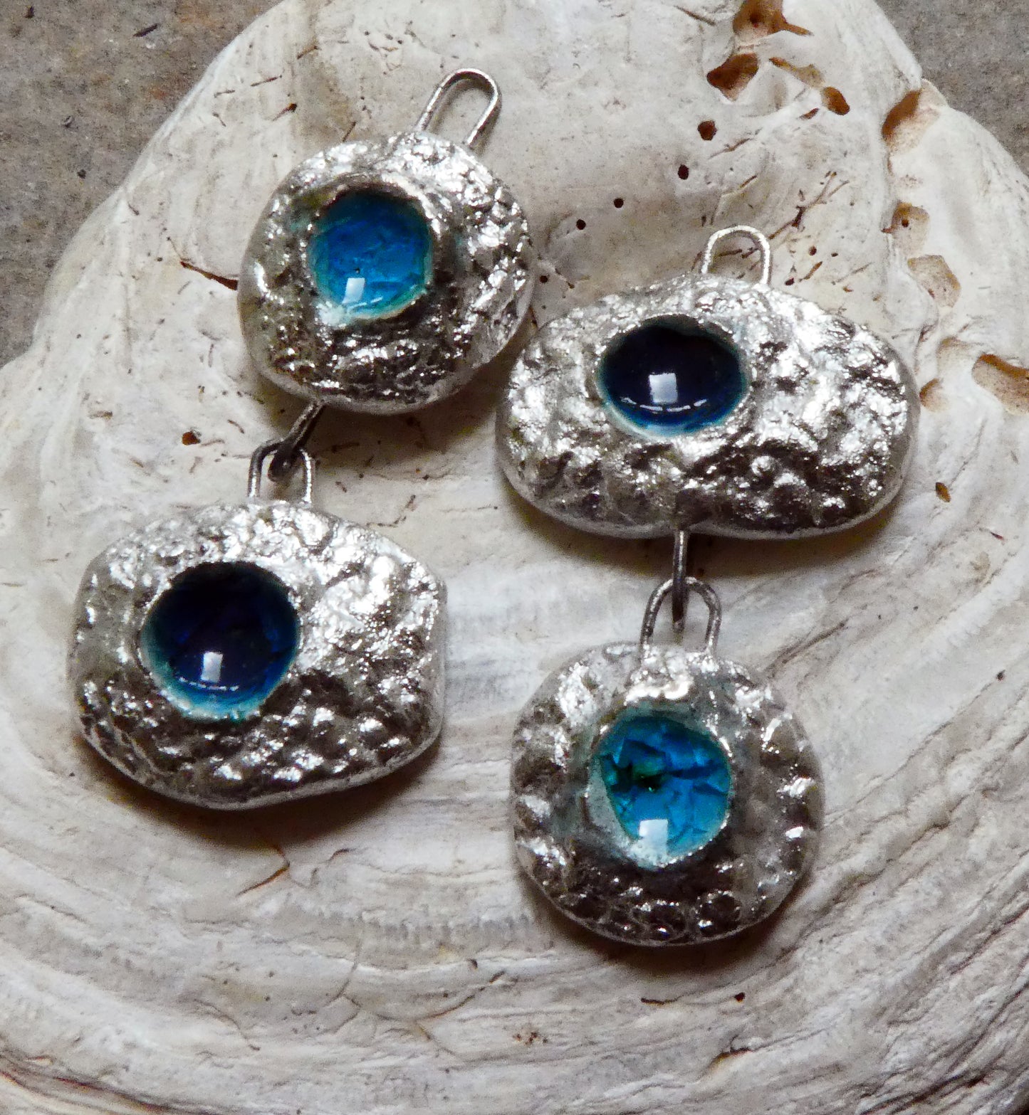 Ceramic Asymmetric Mixed Shape Textured Earring Dangles - Genoa Blue and Pale Turquoise