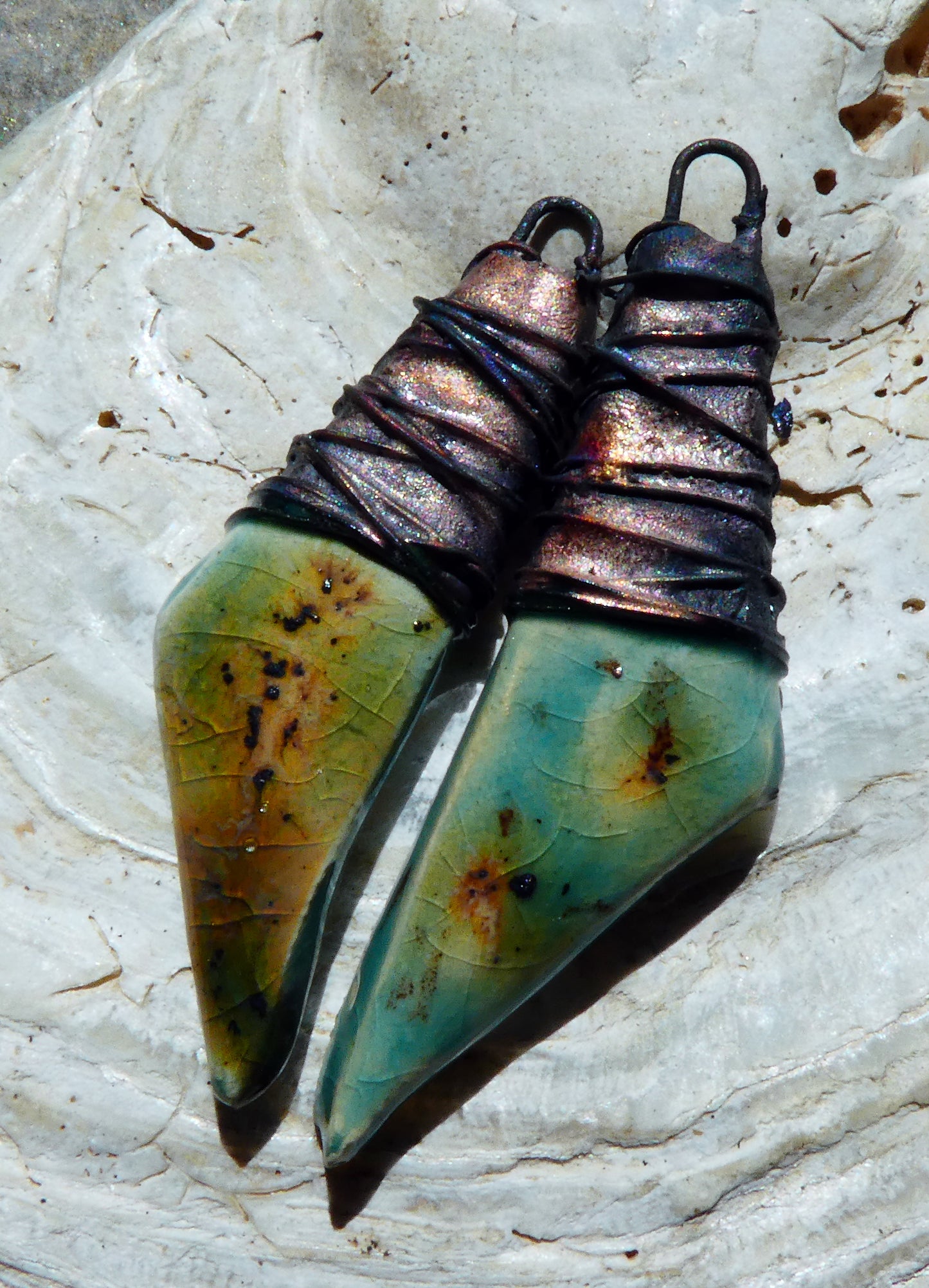 Ceramic Wire Wrapped Stone Cut Earring Charms -Lotus Blossom