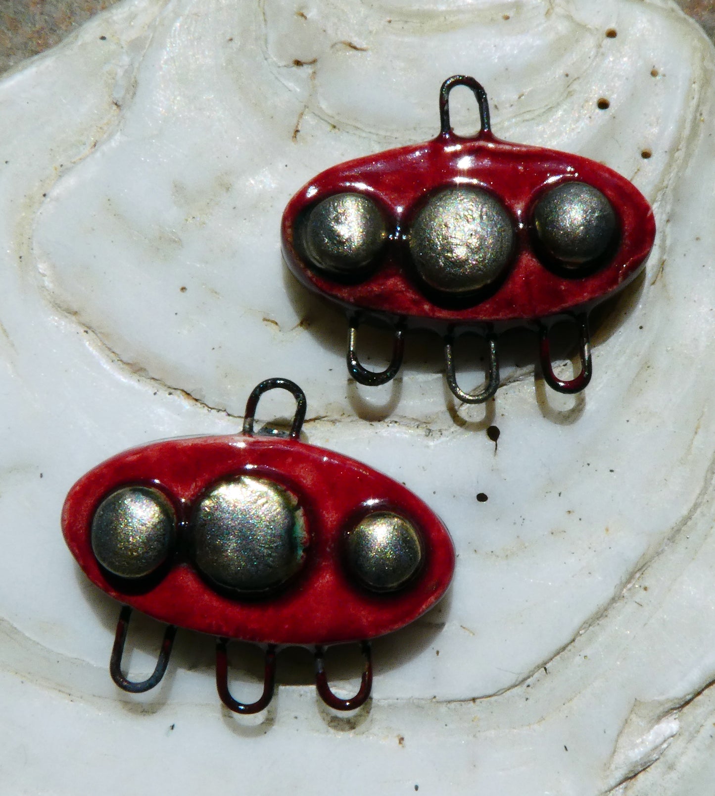 Ceramic Bobbled Three Hoop Earring Connectors - Red