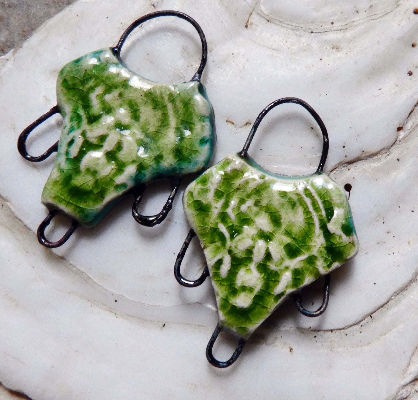 Ceramic Filligree Three Hoop Earring Connectors - Green Crackle