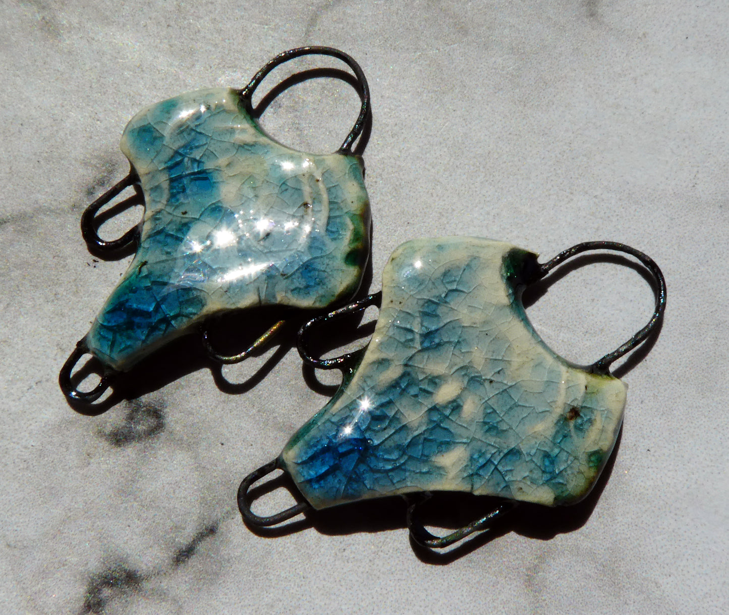 Ceramic Filligree Three Hoop Earring Connectors - Water