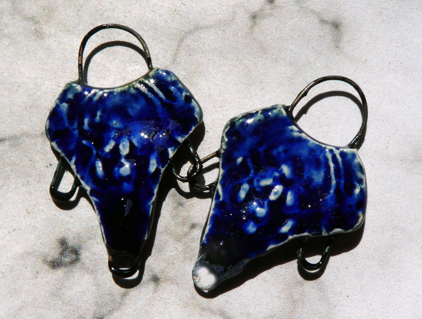 Ceramic Filligree Three Hoop Earring Connectors - Mirror Blue