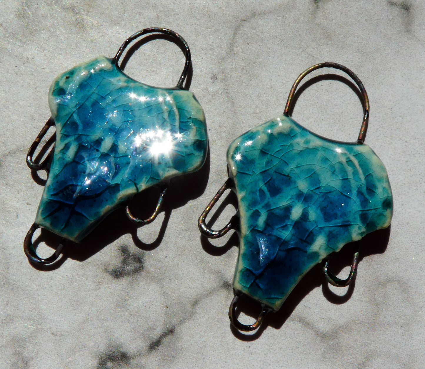 Ceramic Filligree Three Hoop Earring Connectors -Oriental Blue