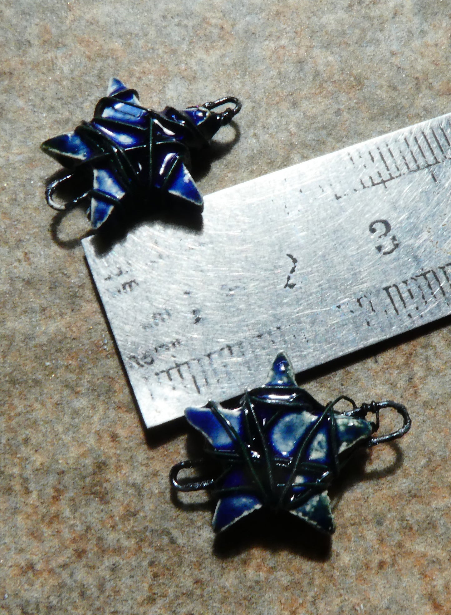 Ceramic Wire Wrapped Star Earring Connectors - Mirror Blue