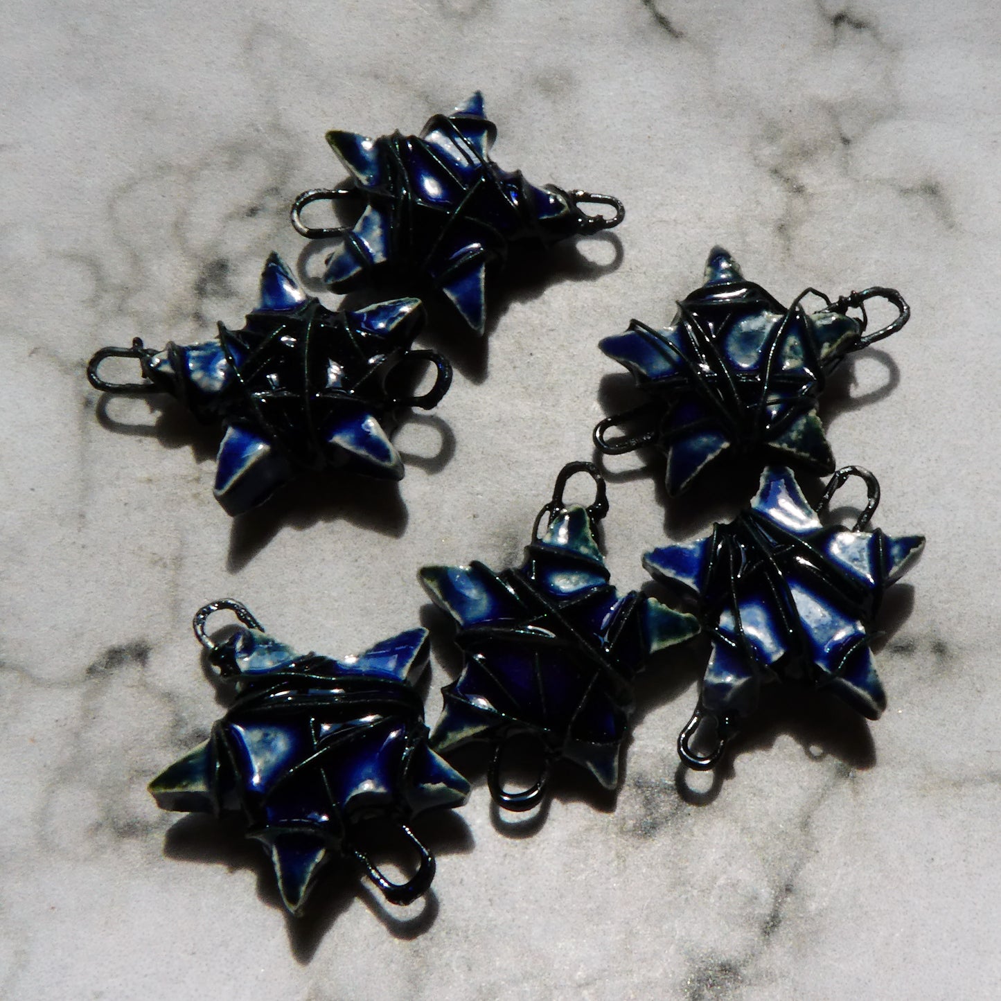 Ceramic Wire Wrapped Star Earring Connectors - Mirror Blue