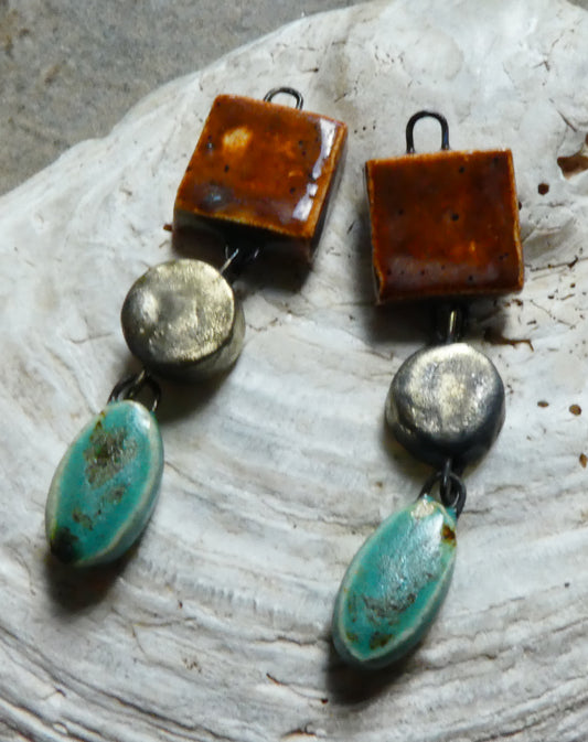 Ceramic Dual Colour Dangles - Amber Ash and Turquoise Sprinkle