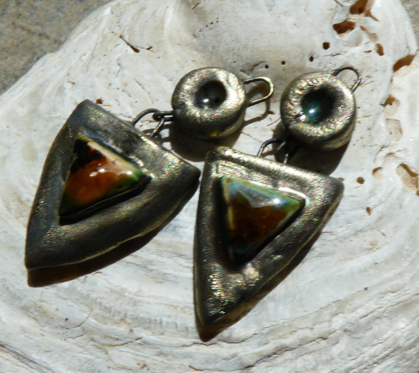 Ceramic Bronzy Moulded Shield Dangles - Oriental Caramel