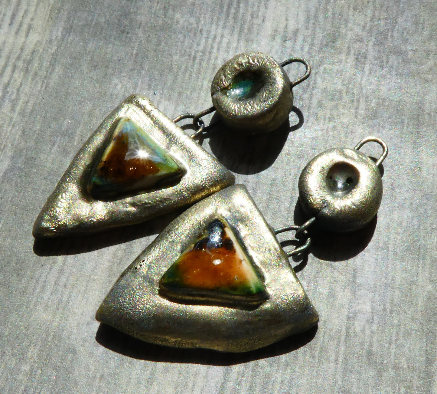 Ceramic Bronzy Moulded Shield Dangles - Oriental Caramel