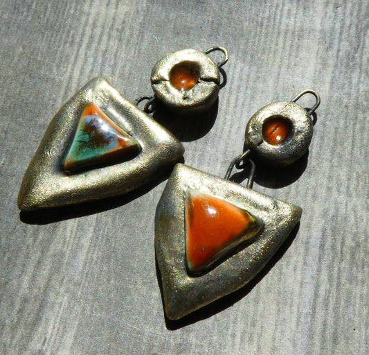 Ceramic Bronzy Moulded Shield Dangles -Vermillion Sunburst
