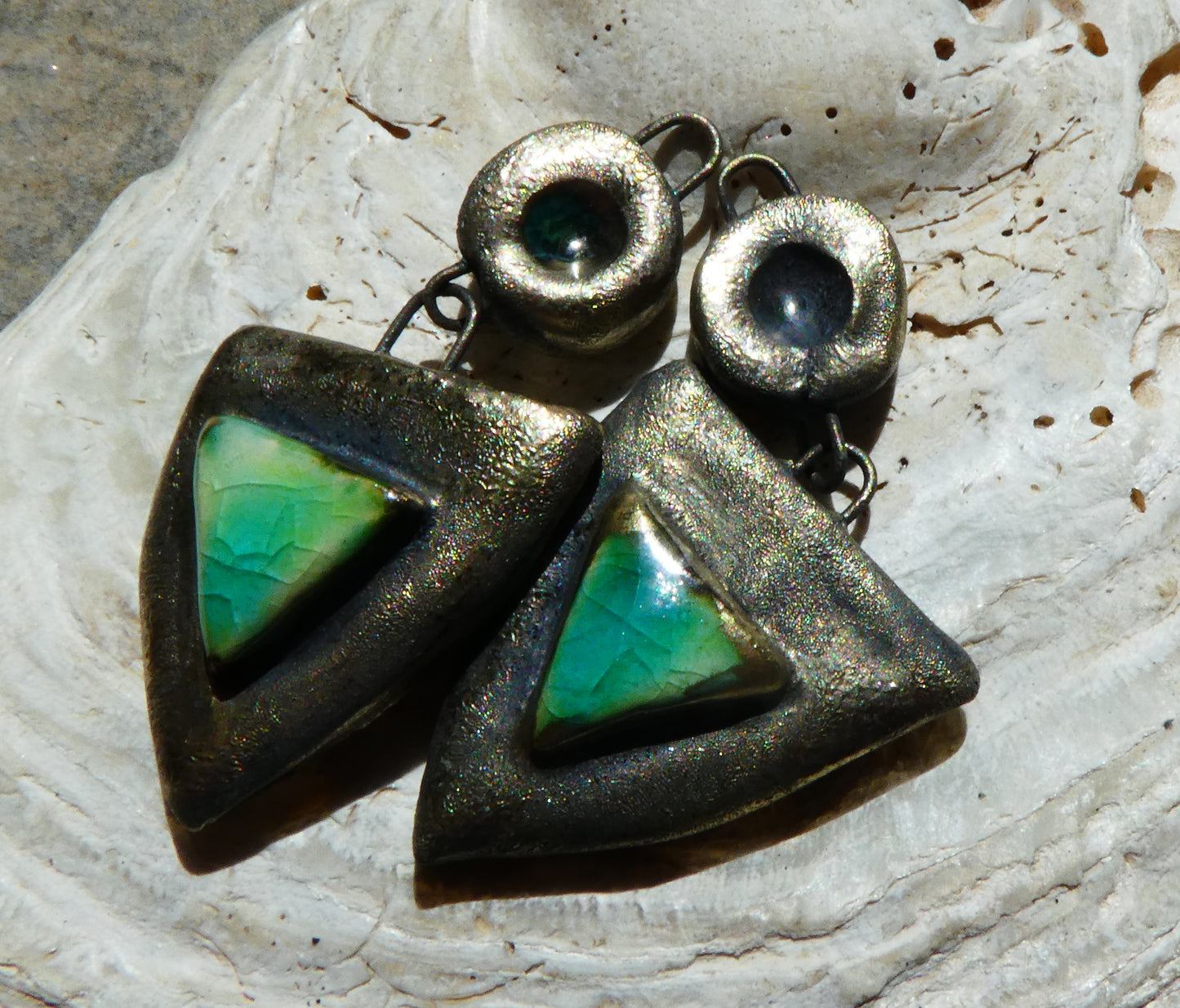 Ceramic Bronzy Moulded Shield Dangles -Lime