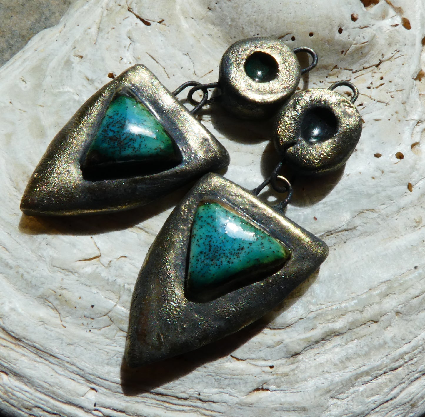 Ceramic Bronzy Moulded Shield Dangles -Tiffany Green