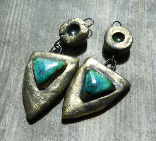 Ceramic Bronzy Moulded Shield Dangles -Tiffany Green