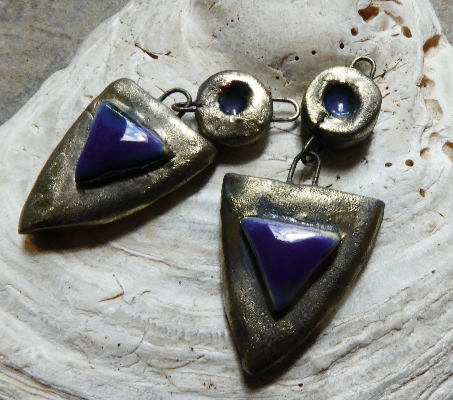 Ceramic Bronzy Moulded Shield Dangles -Dark Purple