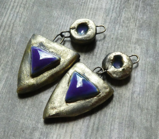 Ceramic Bronzy Moulded Shield Dangles -Dark Purple