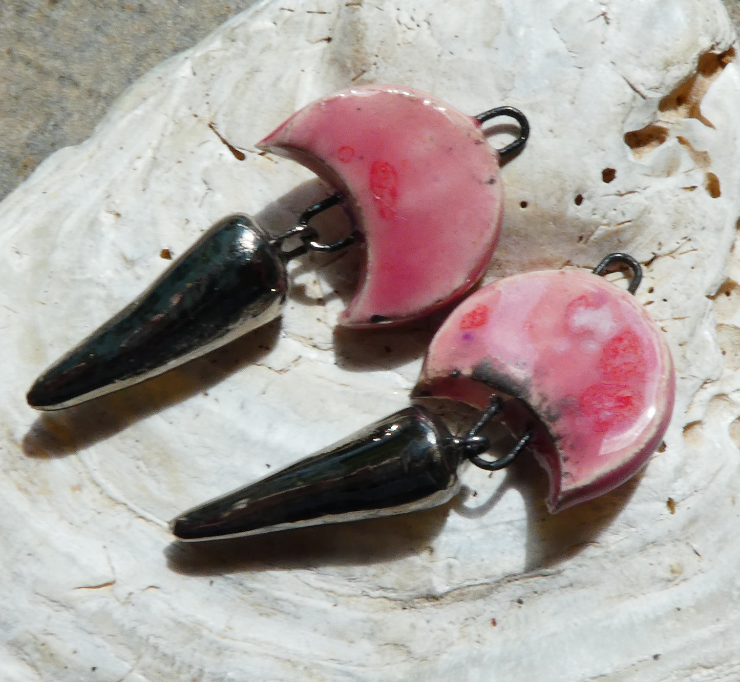 Ceramic Crescent Moon and Spike Dangles -Berry Tart