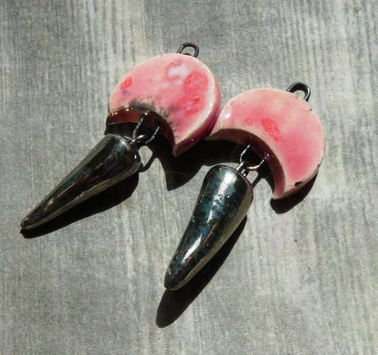 Ceramic Crescent Moon and Spike Dangles -Berry Tart